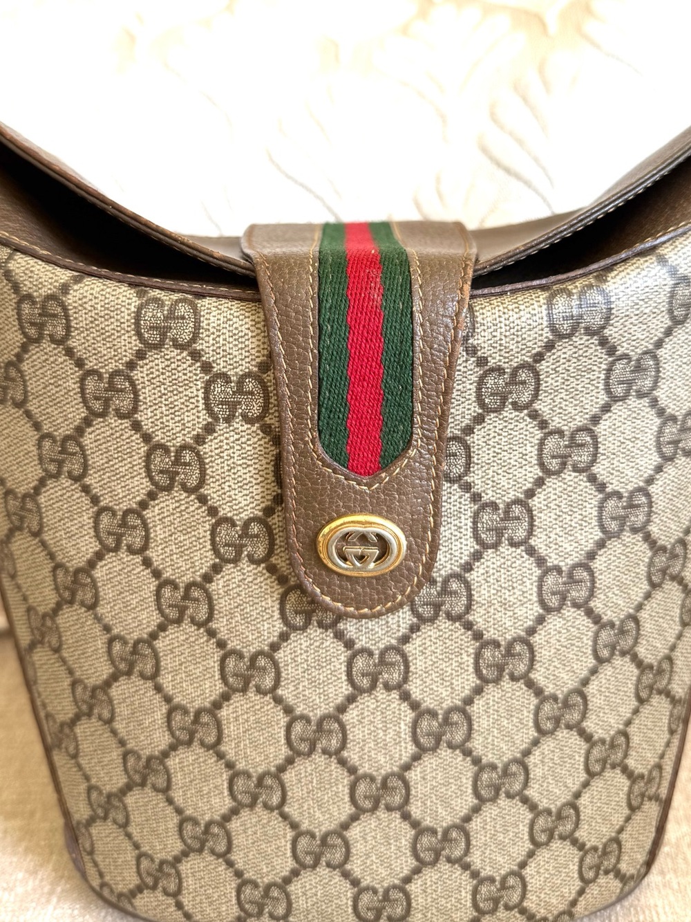 Gucci authentic brown monogram coated canvas shoulder bag bucket brown leather - Picture 14 of 16